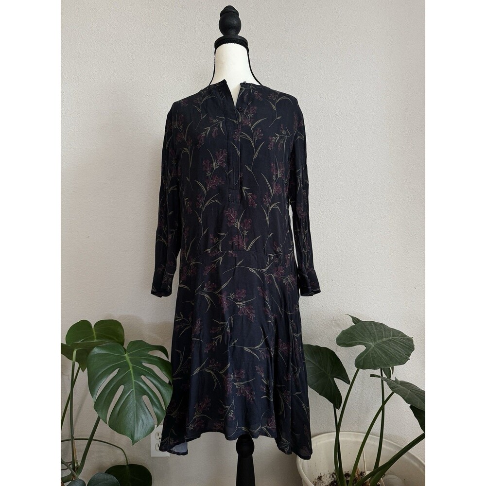 Theory Carstan Rosedale 100% Silk Floral Midi Dress Dark Navy 3/4 Sleeve Size 10